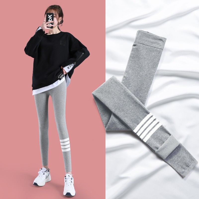 Light Gray Leggings for Women, Suitable for Outerwear in Spring, Autumn, and Winter, Ribbed Pure Cotton Knit, Tight-Fitting, Warm, Fleece-Lined Pants for Petite Sizes