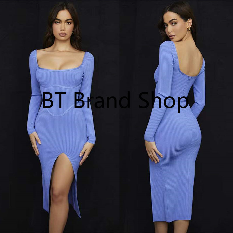 Authentic In-Stock House of Cb Dress 22 Retro New Style Blue Square Neck Front Slit Waist-Cinching Knit Dress