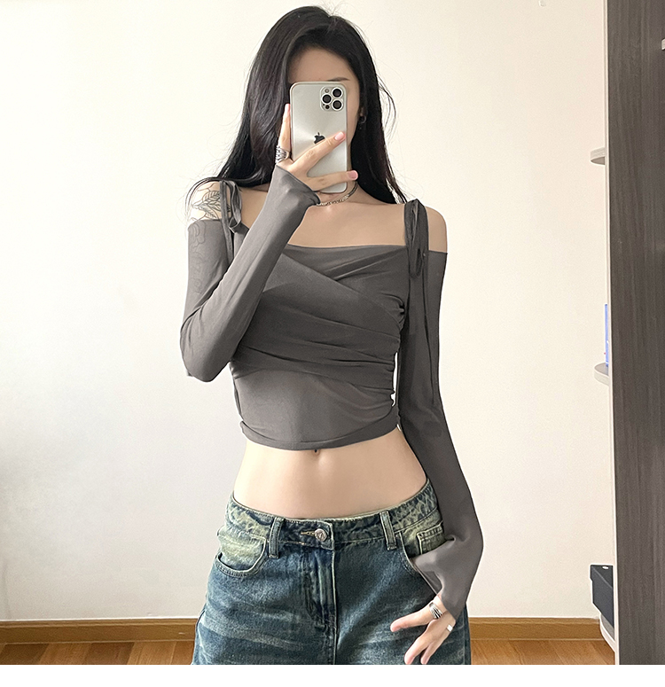 WEIRD PUSS Internet Celebrity Ins Cool Spicy Girl Style Off-Shoulder Mesh Patchwork Slim Fit Vielseitig Langarm_voghion.com