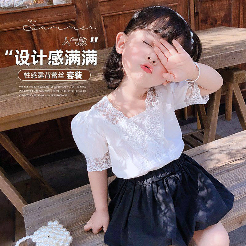 Girls' Suit 2021 Summer New 2-8-Year-Old Lace Backless Short Sleeve Top T-shirt Bud Bubble Shorts