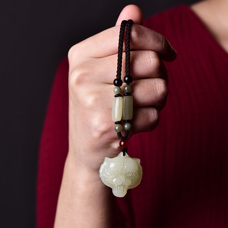 Natural White Jade Tiger Head Jade Year of the Tiger Pendant Zodiac Tiger Sweater Chain Real Jade Pendant Jade Pendant Necklace for Men and Women