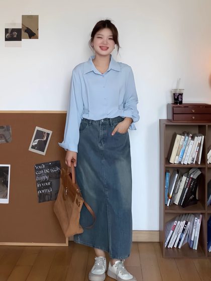 微胖的喵喵大码女装梨形身材mm春季宽松显瘦收腰衬衫长袖上衣0109