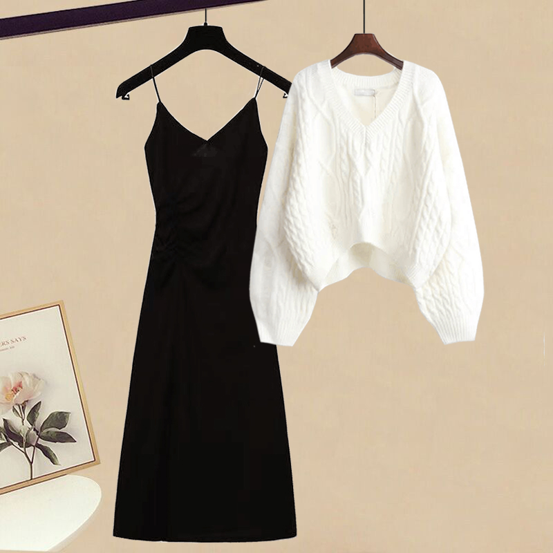 Large size women's clothing 2022 small people wear autumn new temperament knitted sweaters slimming suspenders dress suits