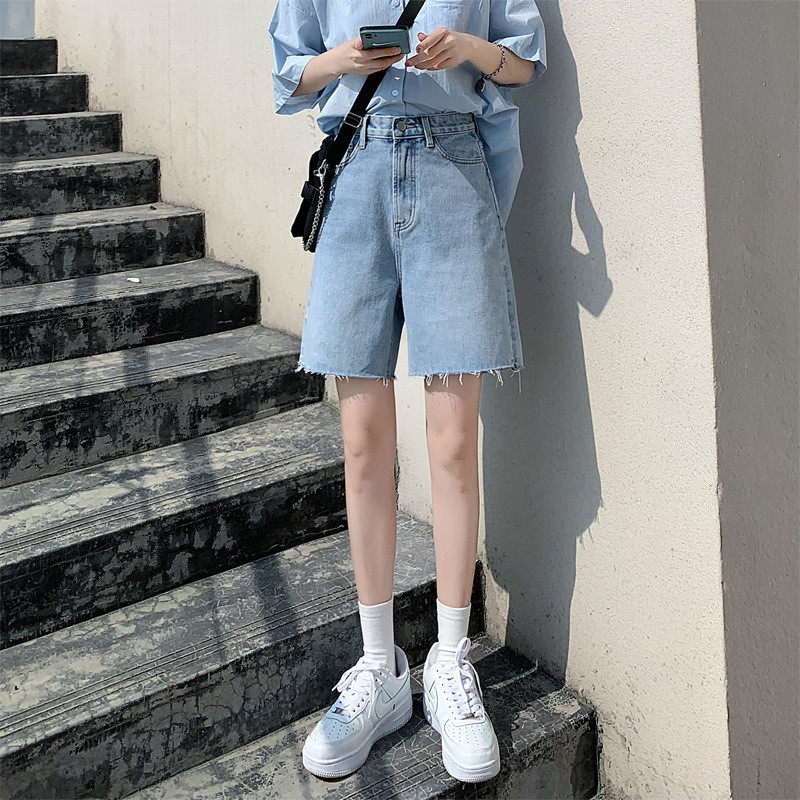 Jeans female summer 2021 new high waist display slim straight cylinder loose 50% shorts elastic riding pants outside