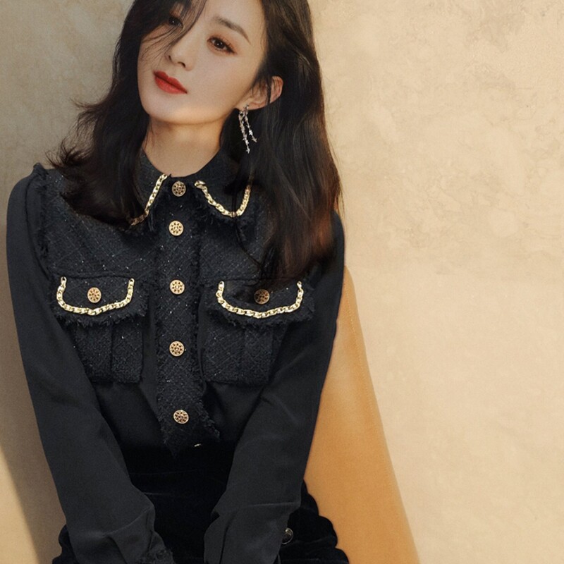French MAJE Zhao Liying stars the same double-pocket genuine silk splicing knitted coarse flower shirt blouses female