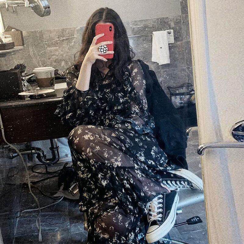 French maje Ouyang Nana with the same collection waist display slim retro temperament crushed long sleeve fairy Ocean dress