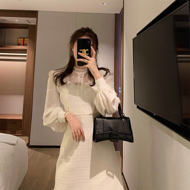 France MAJE2021 Spring Festival Small Fragrant Wind Lace Dress Goddess Van Famous Snowspun Splicing Fairy Dress