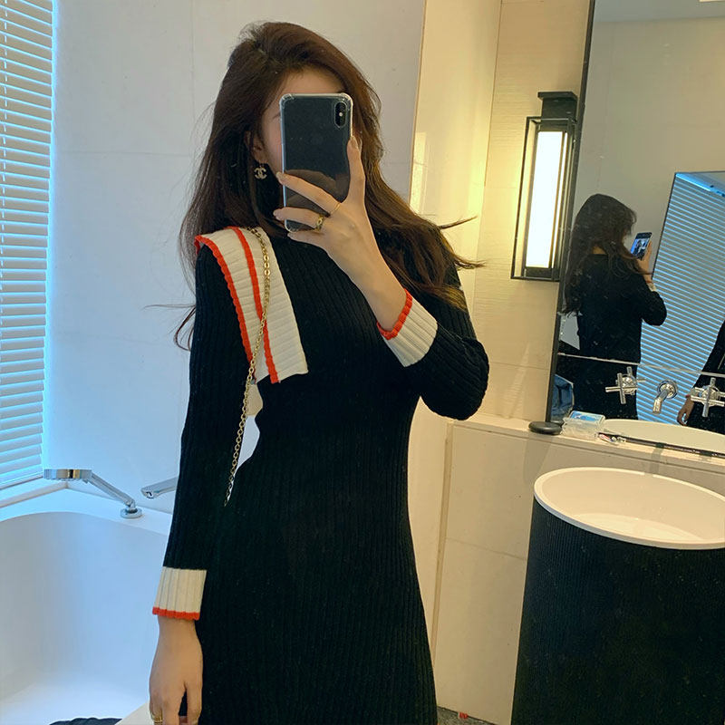 French MAJE21 early spring new knitted stitching dress temperament slim slim bottoming little black dress women