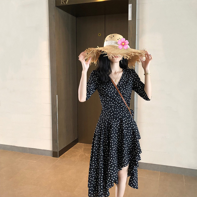 French maje22 summer polka dot dress V-neck high waist thin chiffon irregular holiday beach dress