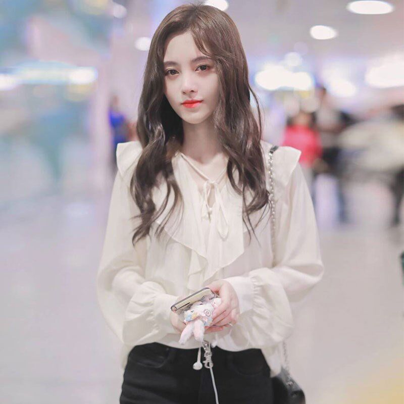 French MAJE bow with the same style Fashion Snow-spinning Shirt Lady Foreign Lotus Leaf Lace Lace Blouse