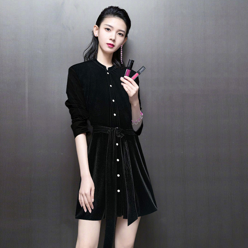 French maje stars the same goddess golden velvet foreign dress minima crowdwind little black dress