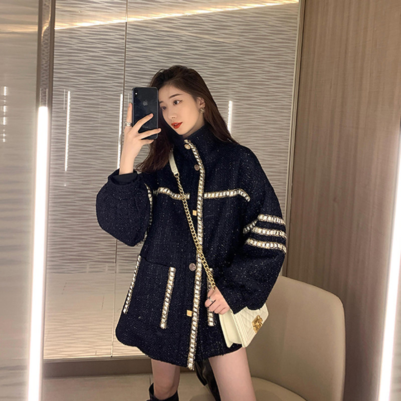 French maje small fragrant wind black coarse flower in large coat with long version Korean version loose long sleeve knitted jacket woman