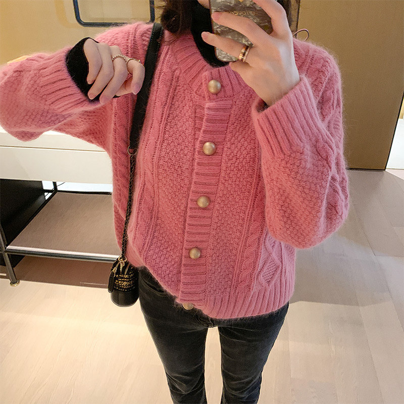 French maje21 early spring small fragrance pink cardigan sweater loose Korean version lazy wind knitted sweater jacket