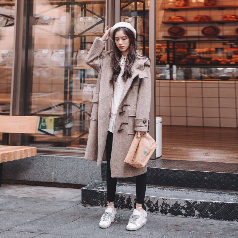 French maje20 autumn and winter Korean version loose wild horn buckle mid-length woolen coat coat