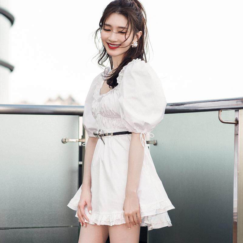 France maje 3-ten Just the river Shadows The Same Collection Waist Display Slim White Square Collar Bubble Sleeves Ocean Dress