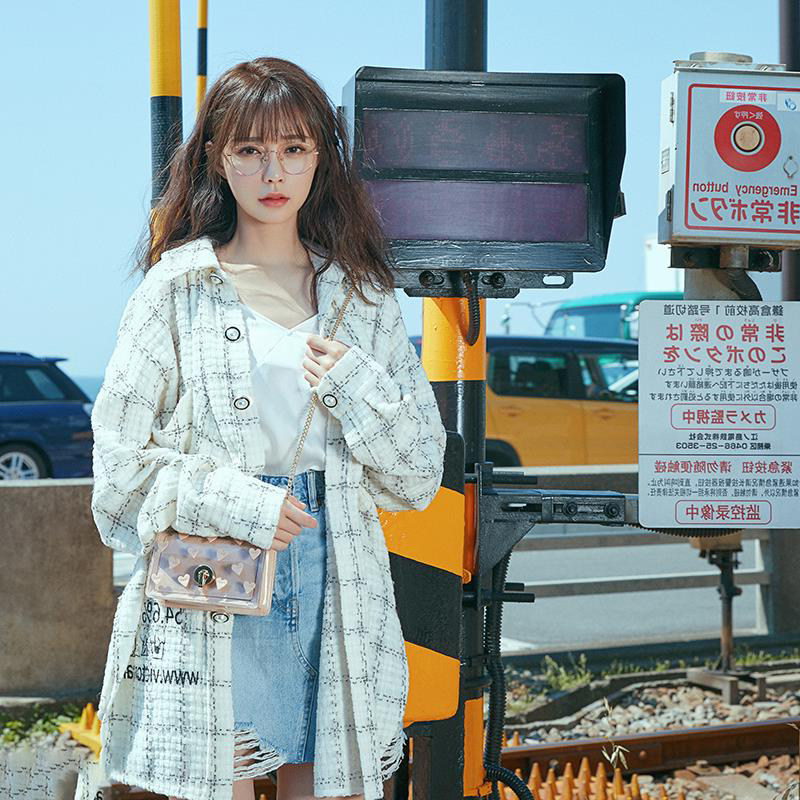 French Maje Shen Mengchen with the same paragraph 2021 Spring new shirt Coarse Flowers Casual Loose Plaid Jacket Woman