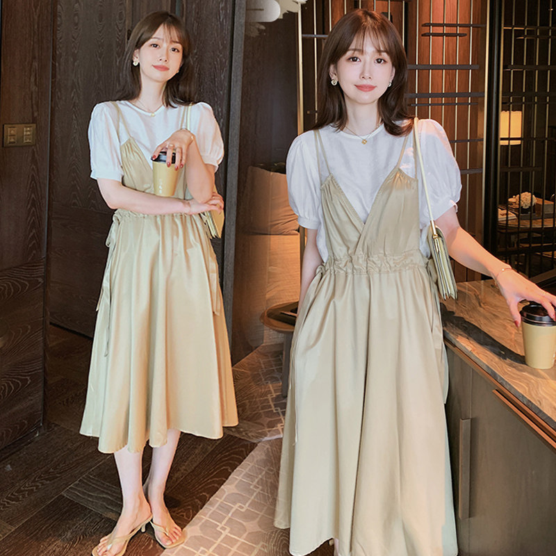 Pregnant women's summer dress fashion net red short-sleeved top slim V-neck maternity dress two-piece maternity suit hot mom