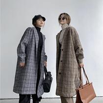 Loose retro wool plaid padded coat autumn and winter new Korean suit collar plaid warm trench coat coat women