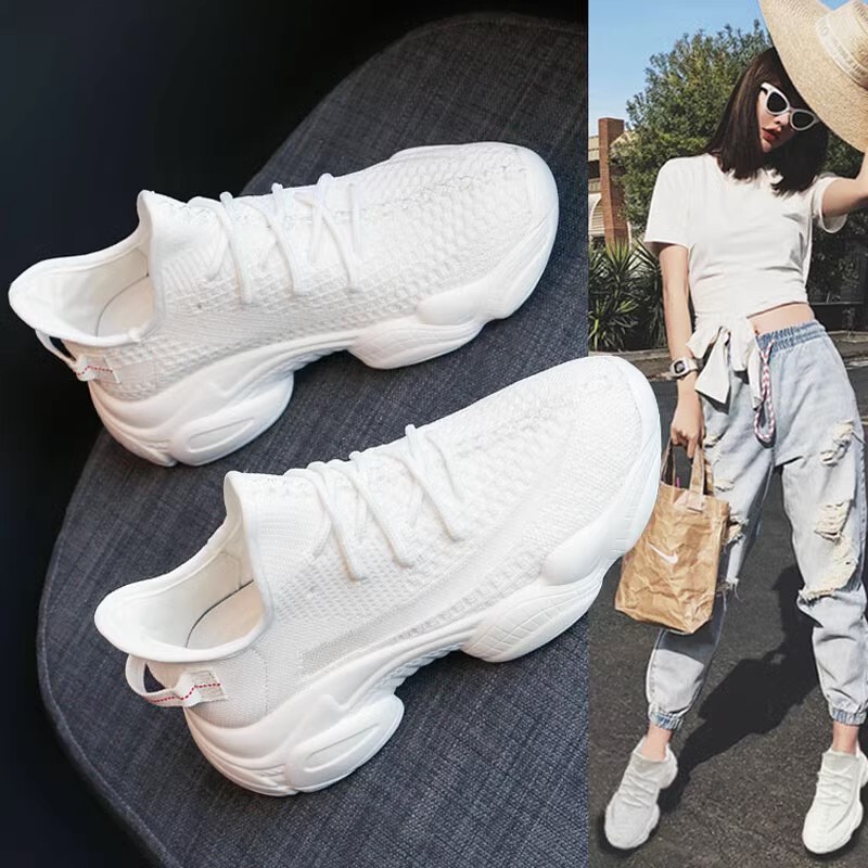 Trendy White Dad Sneakers for Women, Spring and Autumn Fly-Knit Mesh White Shoes, Thick-Soled Versatile Height-Increasing Sneakers, Breathable Shoes