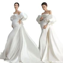 White Pregnant Woman Baby Shower Pregnancy Photo Shoot Dress