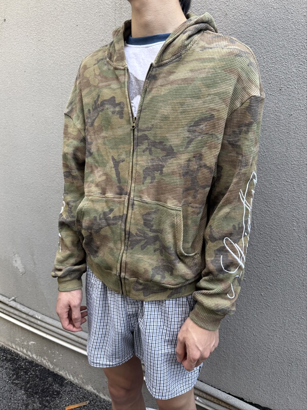 Stainless Vintage Camouflage Waffle Hooded Sweatshirt with Letter Embroidery, Washed Street Style Zip-Up Jacket