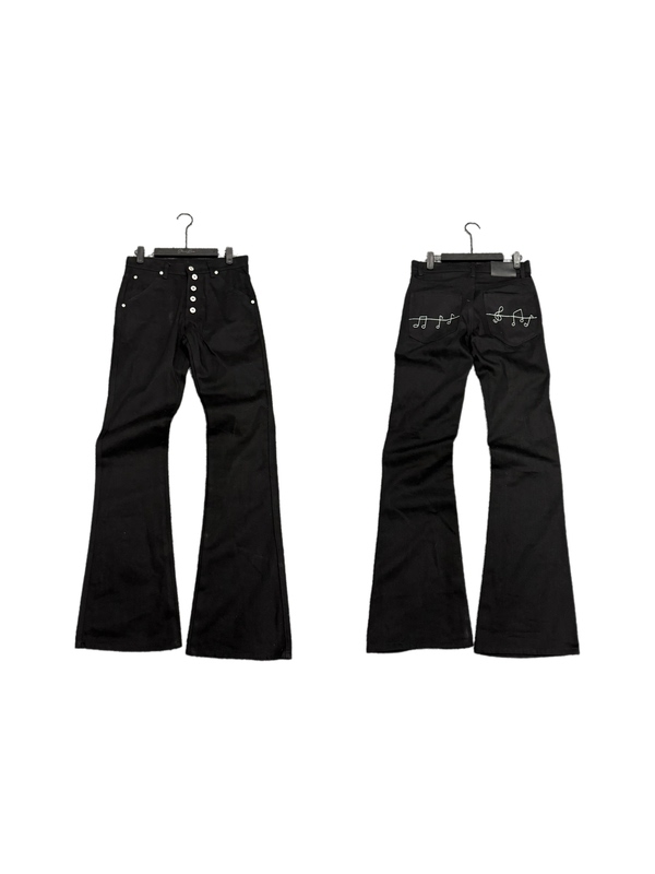 Stainless Musical Note Embroidery Black Waxed Flared 14oz Skinny Jeans Slim Fit Raw Denim