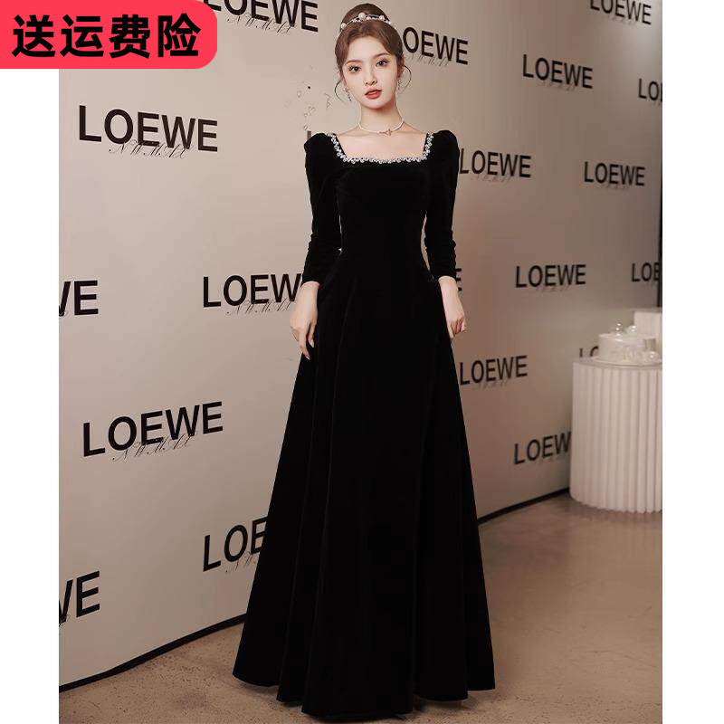 Plus-Size Black Evening Dress for Hostess, Bridesmaid, Engagement, Long Dress, Student Art Exam, High-End Birthday, Coming-Of-Age Ceremony, Performance Costume