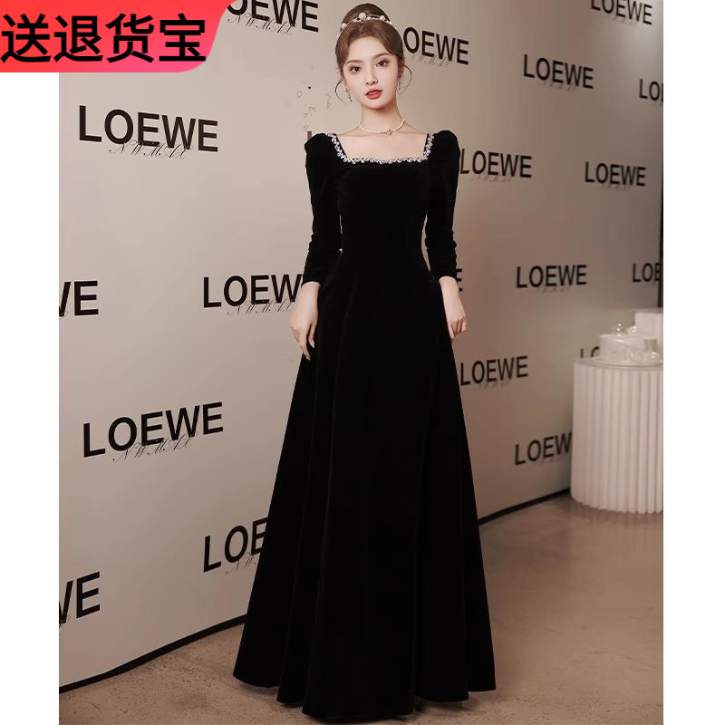 Plus-Size Black Evening Dress for Hostess, Bridesmaid, Engagement, Long Dress, Student Graduation, High-End Birthday, Coming-Of-Age Ceremony, Performance Costume