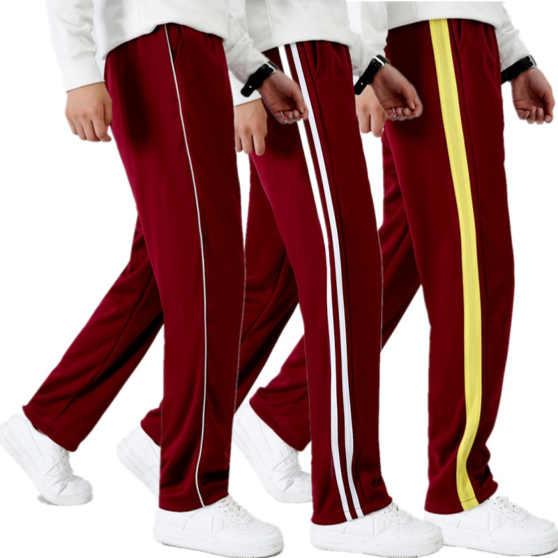 Student School Uniform Pants with Two Stripes, Sports Pants in Maroon, Loose Straight-Leg, Elementary and Middle School Double White Stripe Burgundy School Pants Student School Uniform Pants with Two Stripes, Sports Pants in Maroon, Loose Straight-Leg, Elementary and Middle School Double White Stripe Burgundy School Pants