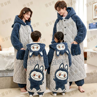 秋冬季亲子睡衣一家三口加厚三层夹棉拉布布睡袍套装法兰绒家居服