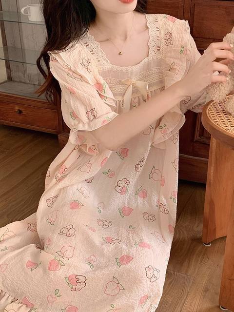 Princess Pajamas ແມ່ຍິງ Summer ໃຫມ່ງາມແລະຫວານ Rabbit ພິມ Pajamas ສູງເບິ່ງ bow ເຄື່ອງນຸ່ງຫົ່ມເຮືອນບາງໆ