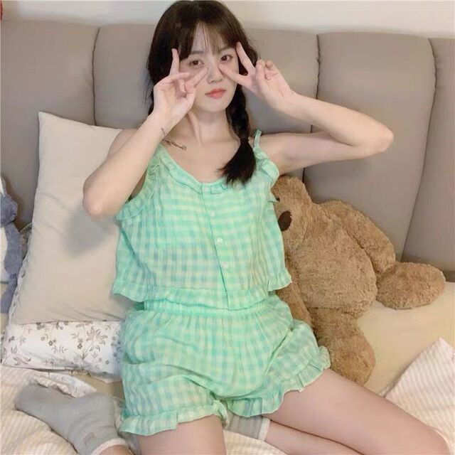 Pure lust girl ins couple wear swimsuit shorts suit small pure cotton pajamas 1 women summer plaid suspenders