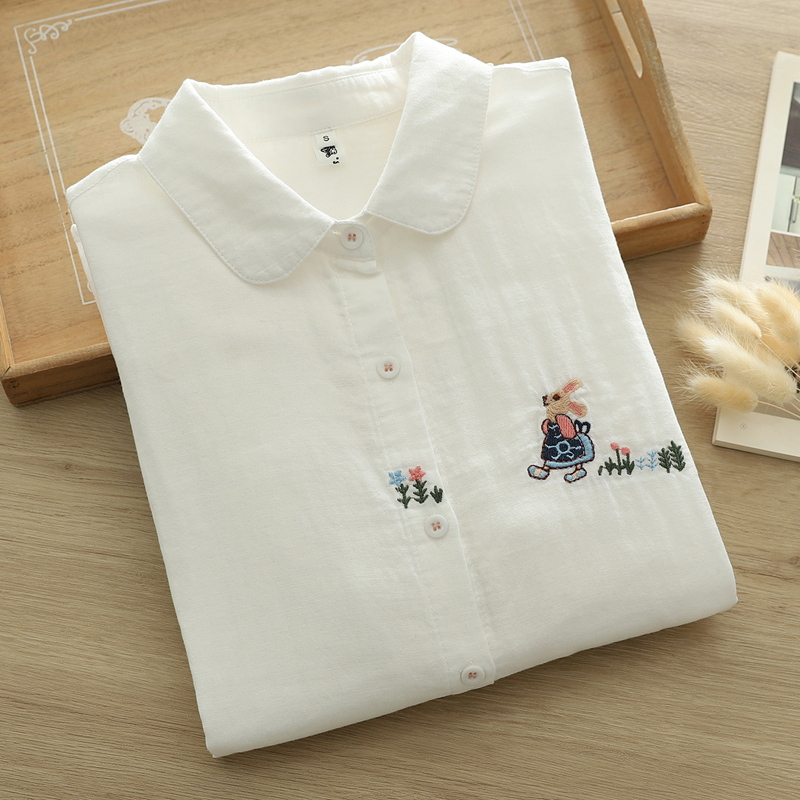 2025 Spring New Arrival White Double-Layer Cotton Gauze Long-Sleeve Shirt for Women with Embroidered Rabbit Artistic Pure Cotton Soft Shirt