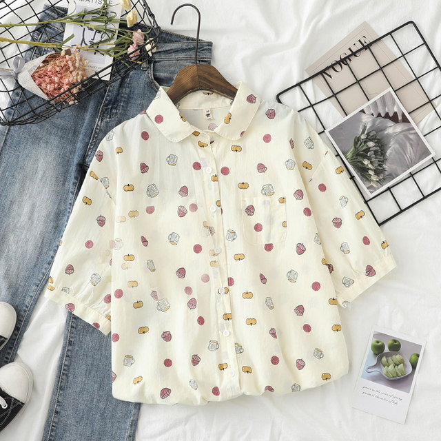 Loose cardigan short sleeve printed short sleeve shirt for women