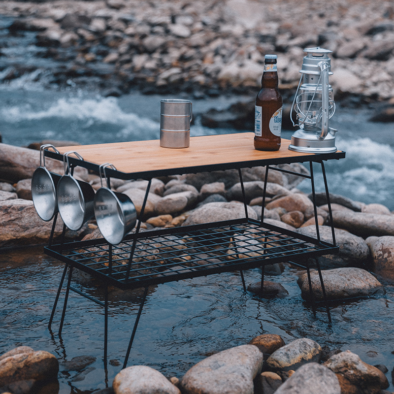 Corman Outdoor Campaign Multi-functional Iron Frame Picnic Barbecue Folding Table Multi-layer Iron Art Camper Campaign Table