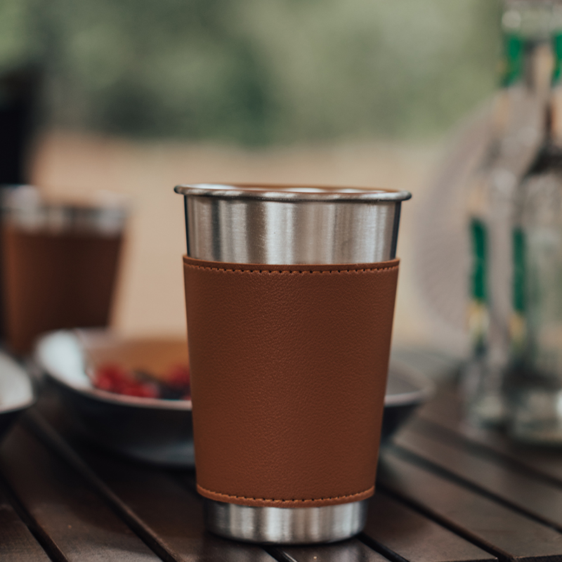 Outdoor camping stainless steel water glass with leather suit portable 304 edible grade anti-scalding coffee cup beer mug cup