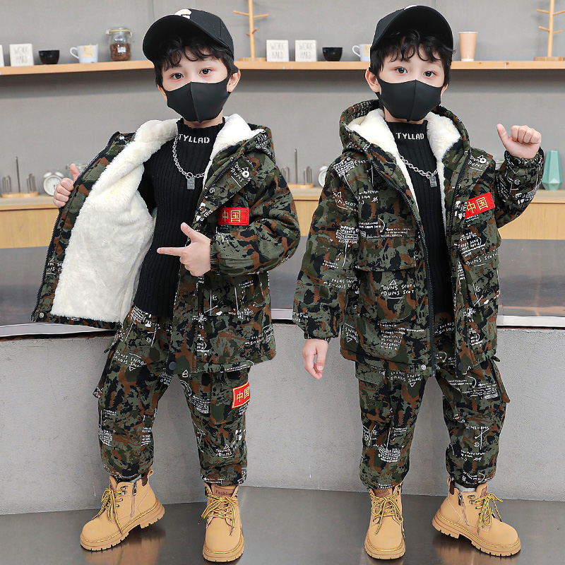 Boy Clothing Boy Tooling Camouflate Suit 2023 New Ocean Gas Boys Autumn Winter Plus Suede Thickened Cotton Clothes Two Sets-Taobao