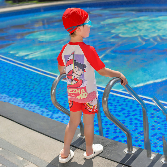 Children's Swimwear for Boys, Summer Professional Sun Protection Two-Piece Swimsuit, Swim Trunks for Boys, Nezha Quick-Drying Short-Sleeved Swimming Clothes