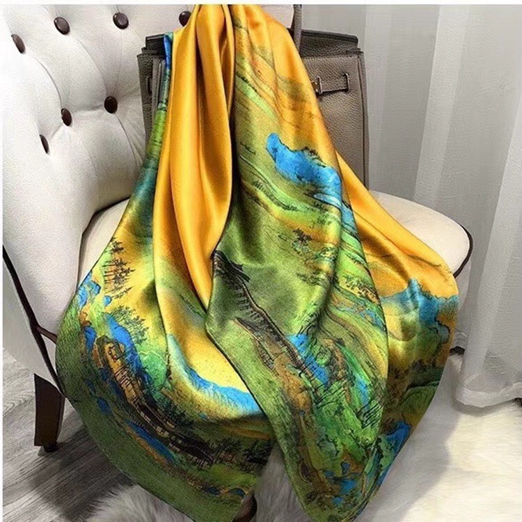 Lvsantel Brocade Satin 90×180 Long Printed Satin Silk Scarf Imitation Silk Scarf Sunshade Beach Shawl