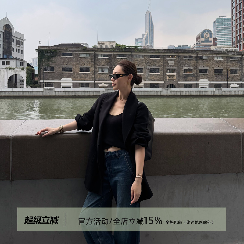 Wang Huanhuan Mslime【Simple Black】100% Cashmere Coat Relaxed and Elegant Versatile Black Blazer