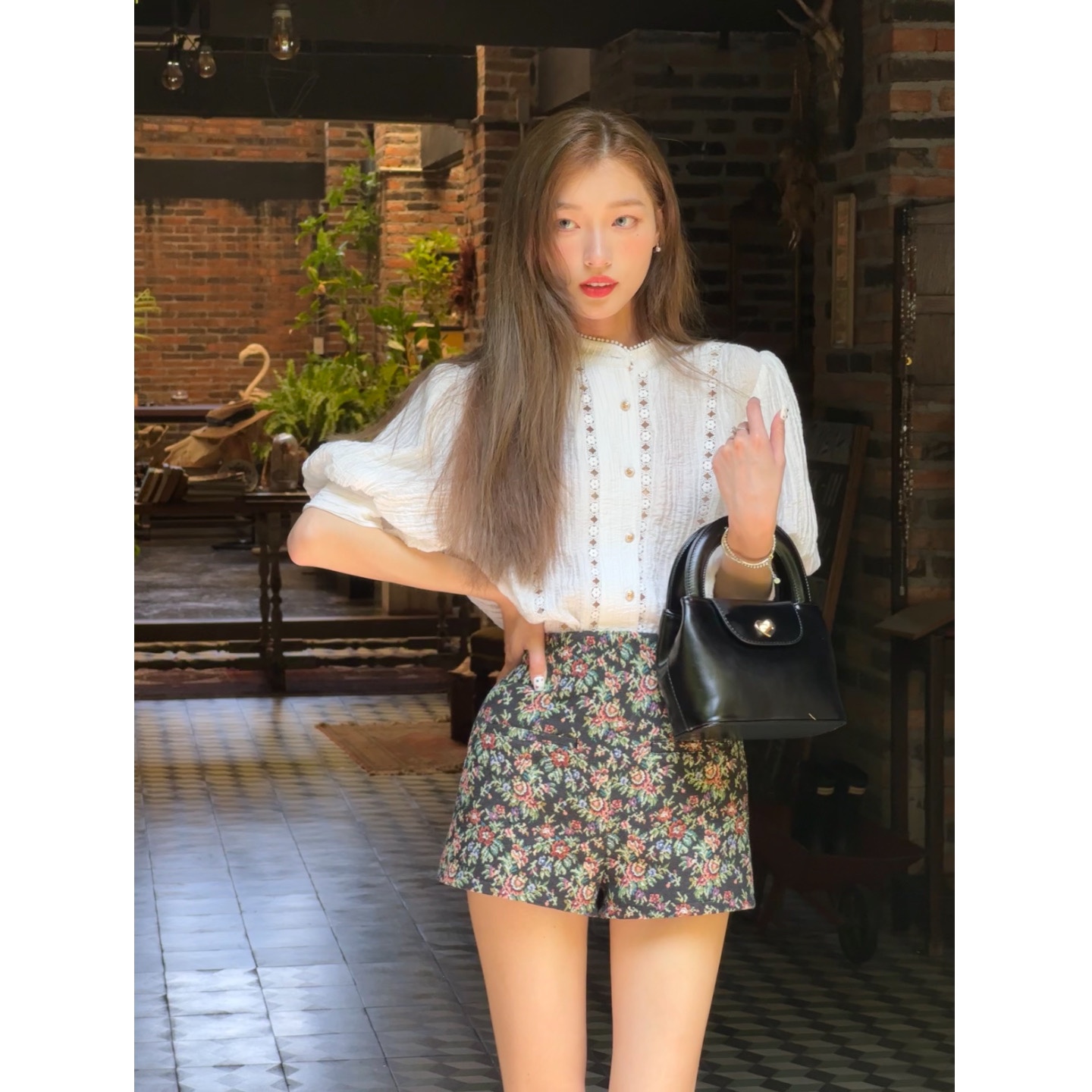 SourceWithU Nanyang Daughter 80 Tencel Noble Lady Hollow Puff Sleeve French Shirt Top