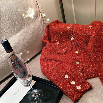 New Year Christmas Red Sweater Women's College Style Autumn and Winter All-match Inner Small Fragrant Wool Gold Silk Knit Cardigan Jacket