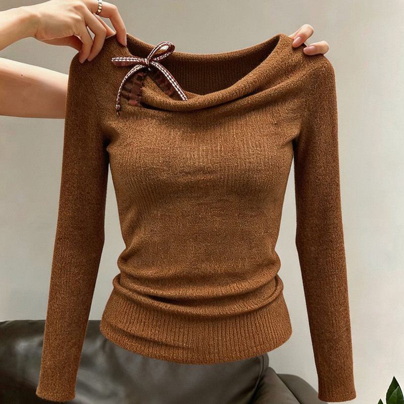 French-Style Romantic Drape Collar Design Knit Sweater for Women, Early Autumn Single Bow Decoration Sweater, Orange Slim-Fit Long-Sleeve Top