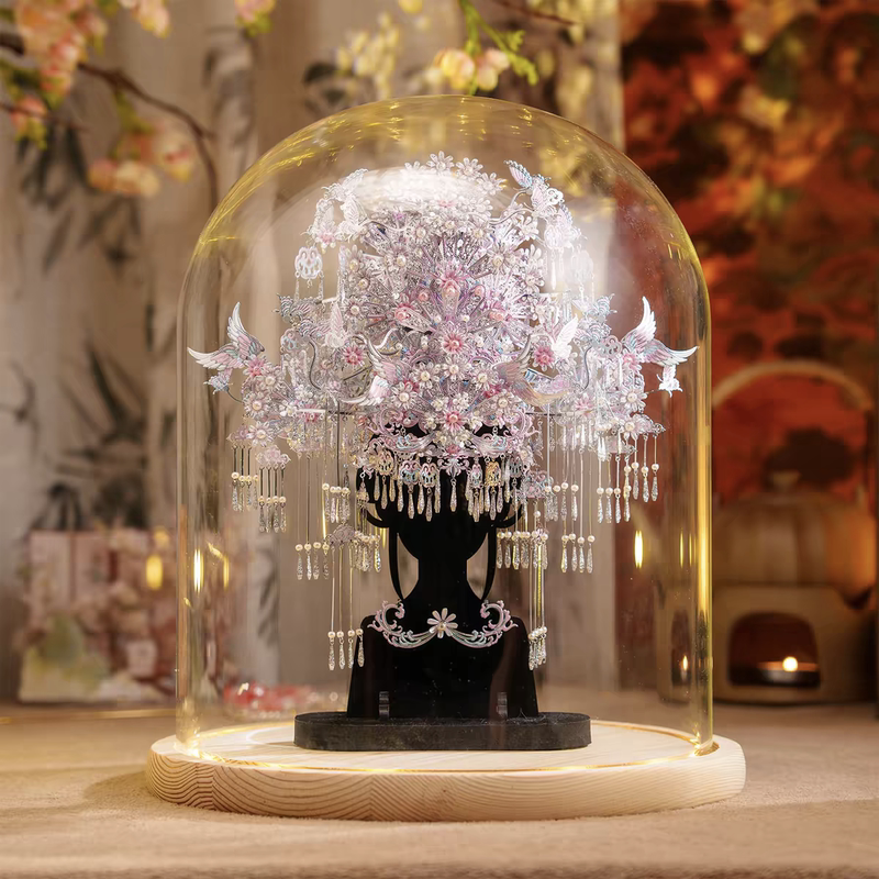 Pinky Silver Moon Butterfly Crown Base Luminous Glass Cover Round Lampshade Base Transparent Dust Cover Display Box Protective Cover