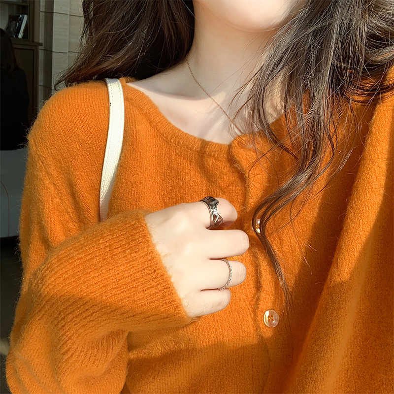 Chanel-Style Sunset Orange Sweater Coat for Women, Autumn and Winter Korean Version ins Knitted Cardigan Paired with Coat, Lazy Top, Trendy