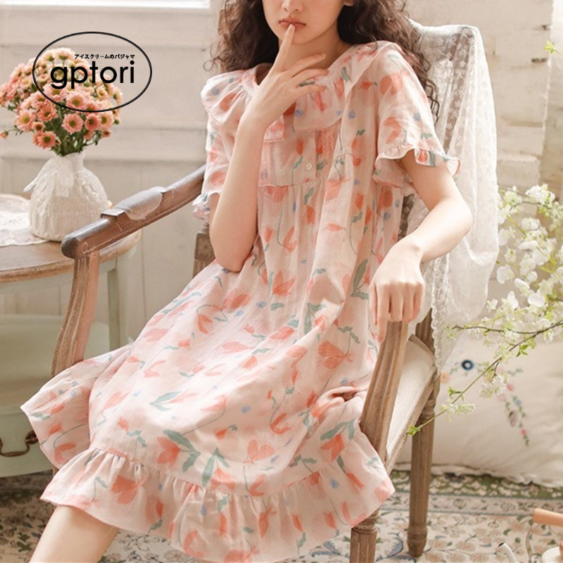 Japanese GP Pyjamas Woman 2022 New Pint Summer Short Sleeve Sleeping Skirt Double Yarn Cotton Cotton Cotton Lady Day Comfort Home Comfort