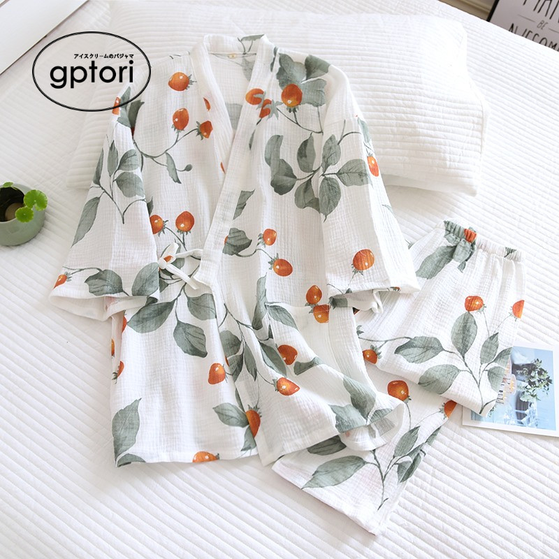 Japanese pajamas women's spring and summer thin section three-quarter sleeve kimono pure cotton gauze cute washed wrinkled comfortable home service suit