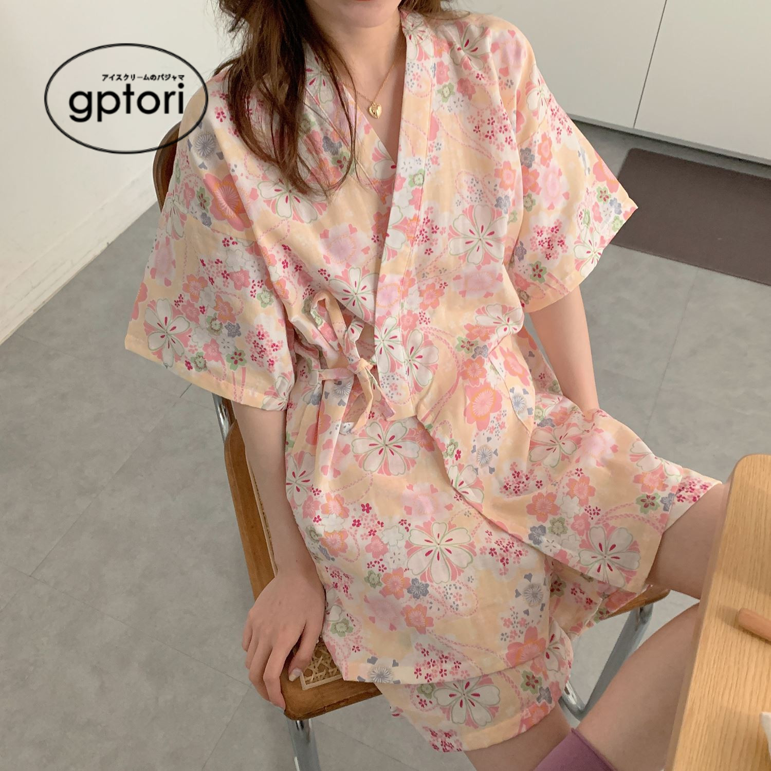 Japanese pajamas women's summer floral yukata shorts set pure cotton original design kimono thin section home service