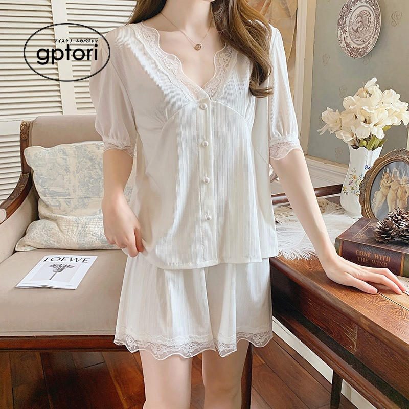 Japanese lace pajamas women's summer new sexy V-neck cotton ins style short-sleeved feminine fairy home clothes
