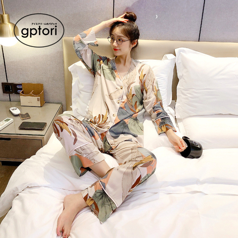 Japanese thin long-sleeved pajamas set women's ink and flowers spring and autumn pure cotton double-breasted button loose large size home service